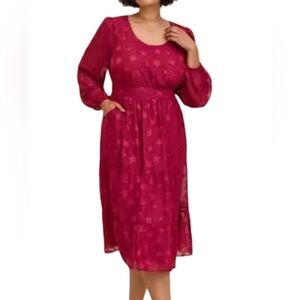 Torrid Midi Clip Dot Stars Chiffon Tiered Dress Red Burgundy Size 2 18 20 New